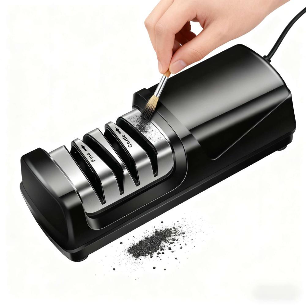 Clean knife sharpener's grinding slots with a brush