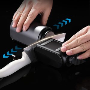 show how to move the electric rolling knife sharpener to sharpen the knife