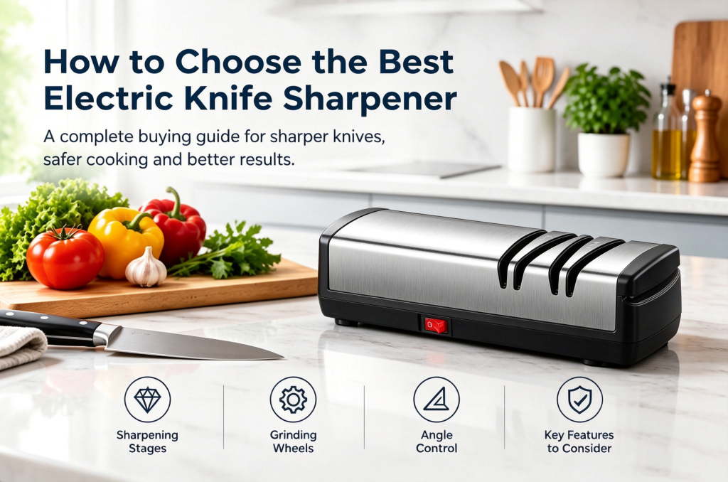 a stainless steel electric knife sharpener on the table of kitchen